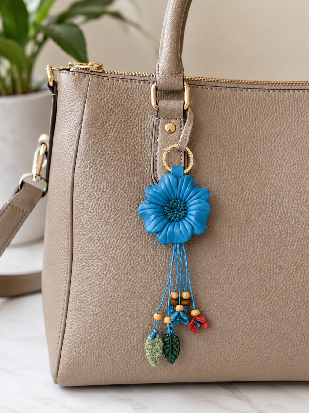 Blue Flower Bag Charm Keychain Boho Beaded Purse Tassel Accessory - Picture 2 of 3